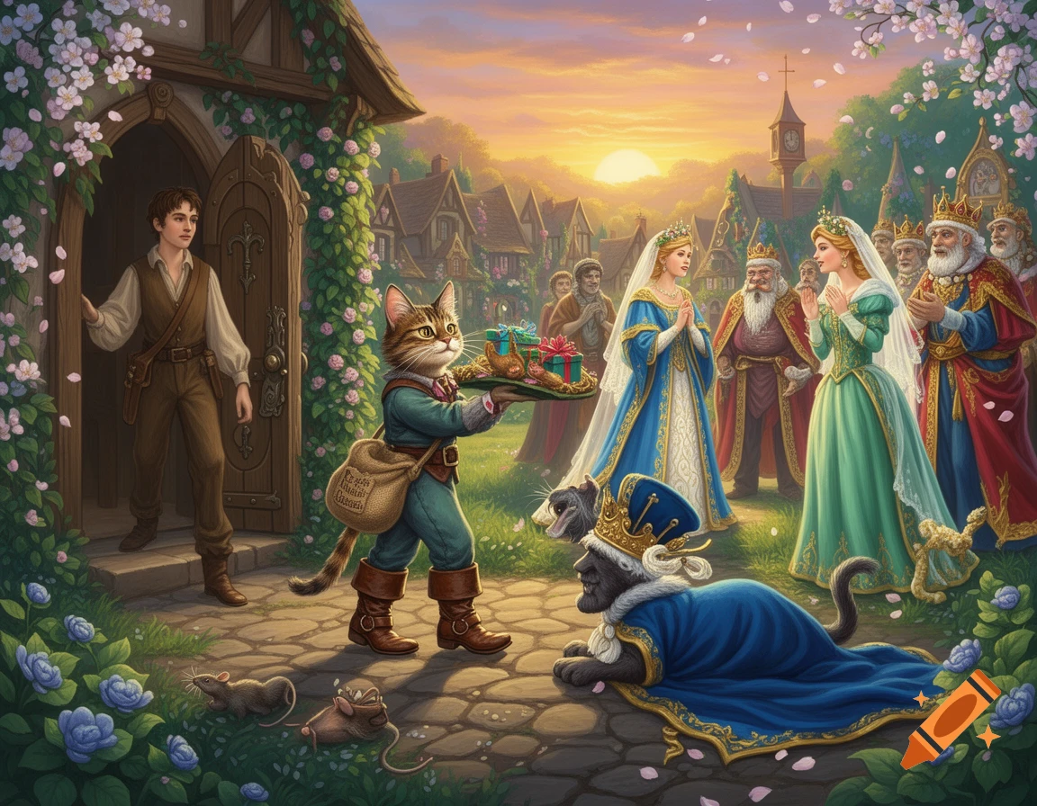 Puss in Boots, a cunning cat in boots and a hat, presents gifts to princesses and kings in a vibrant fairy tale village at sunset.