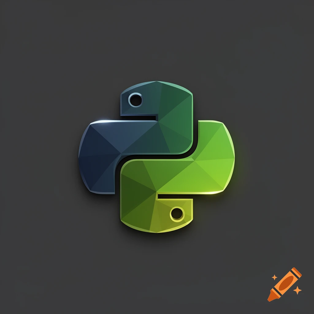 A stylized polygonal Python programming language logo, in dark blue-green and lime green, on a dark gray background.