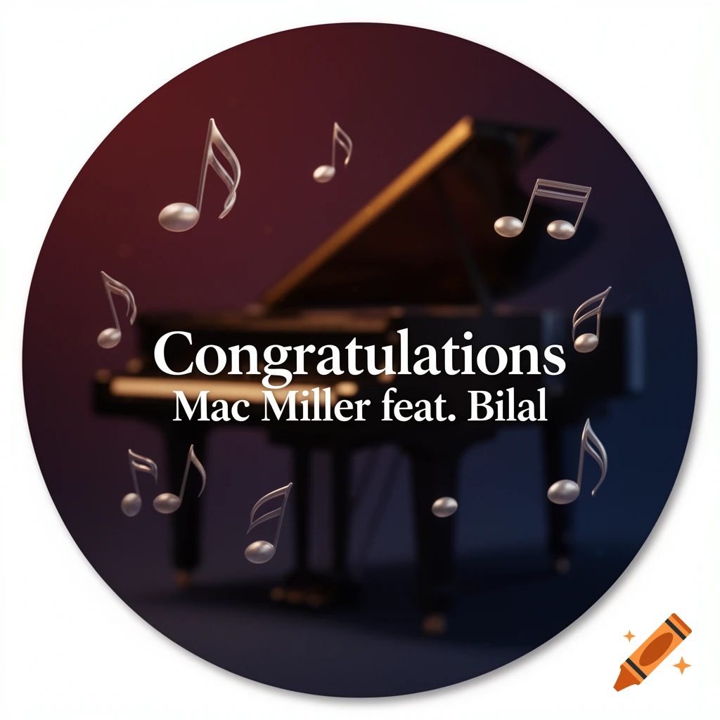 Circular album cover with a blurred grand piano, floating music notes, and text 'Congratulations Mac Miller feat. Bilal'.