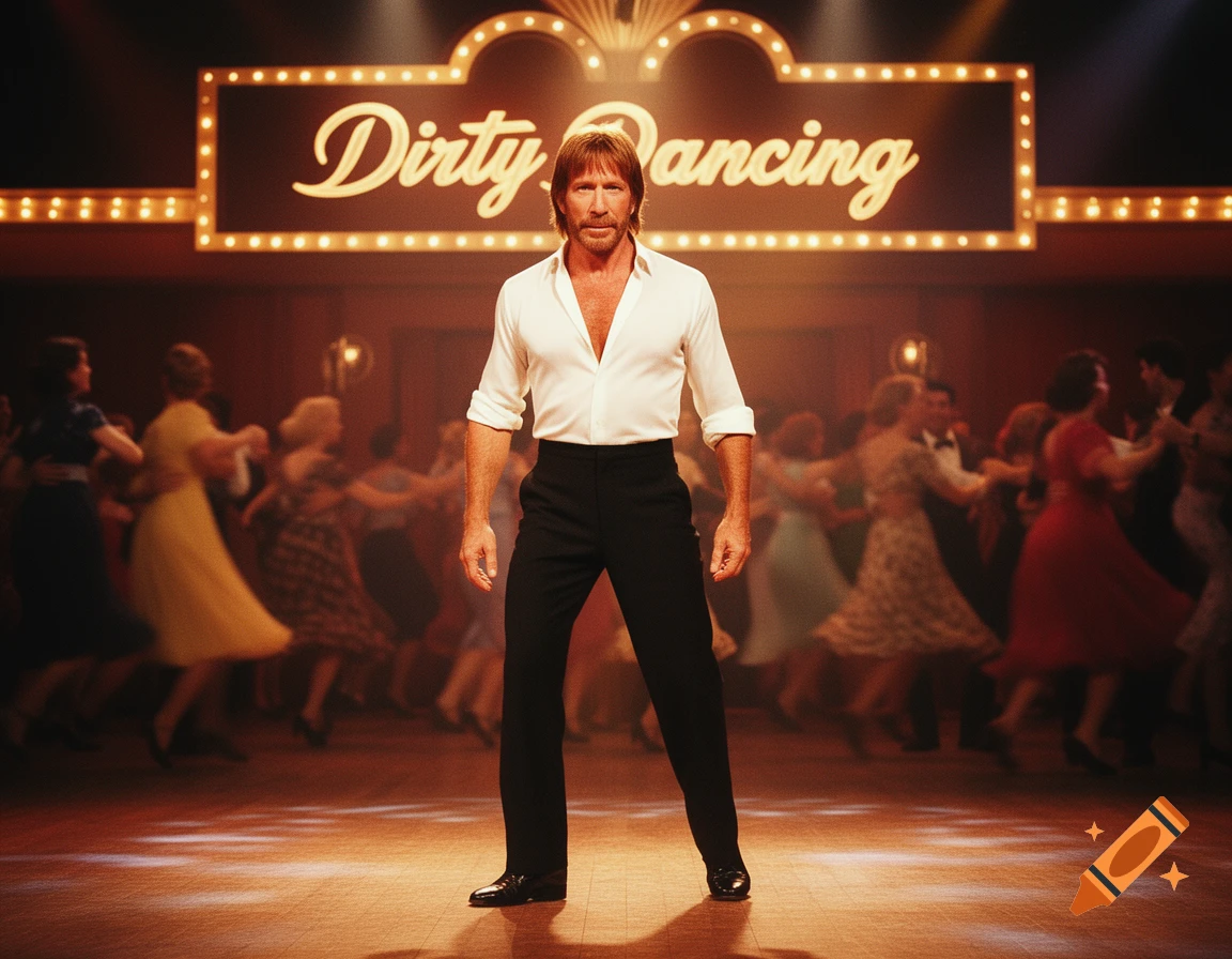 Chuck Norris in a white shirt and black pants stands on a dance floor under a 'Dirty Dancing' sign, with blurred dancers behind him.