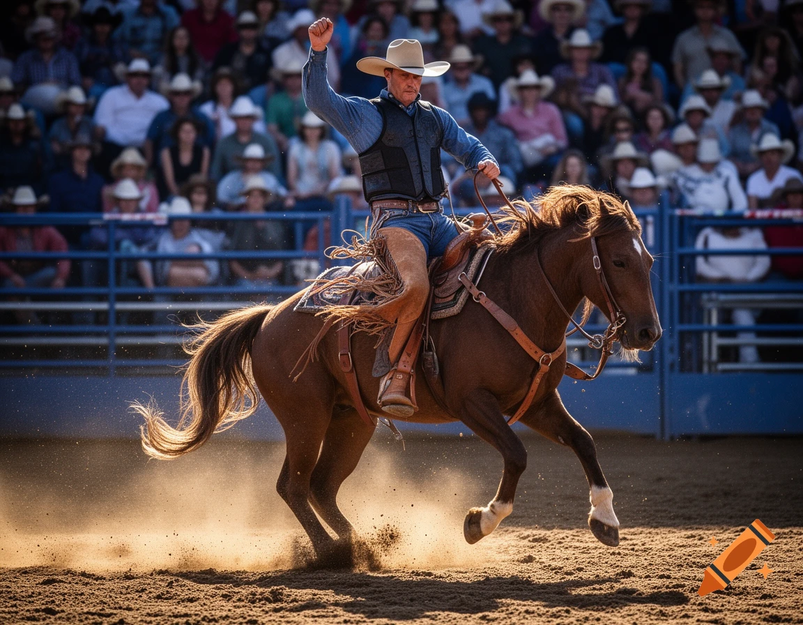 Photorealistic image of a rodeo cowboy on a galloping brown horse, kicking up dust in an arena, with a crowd watching.