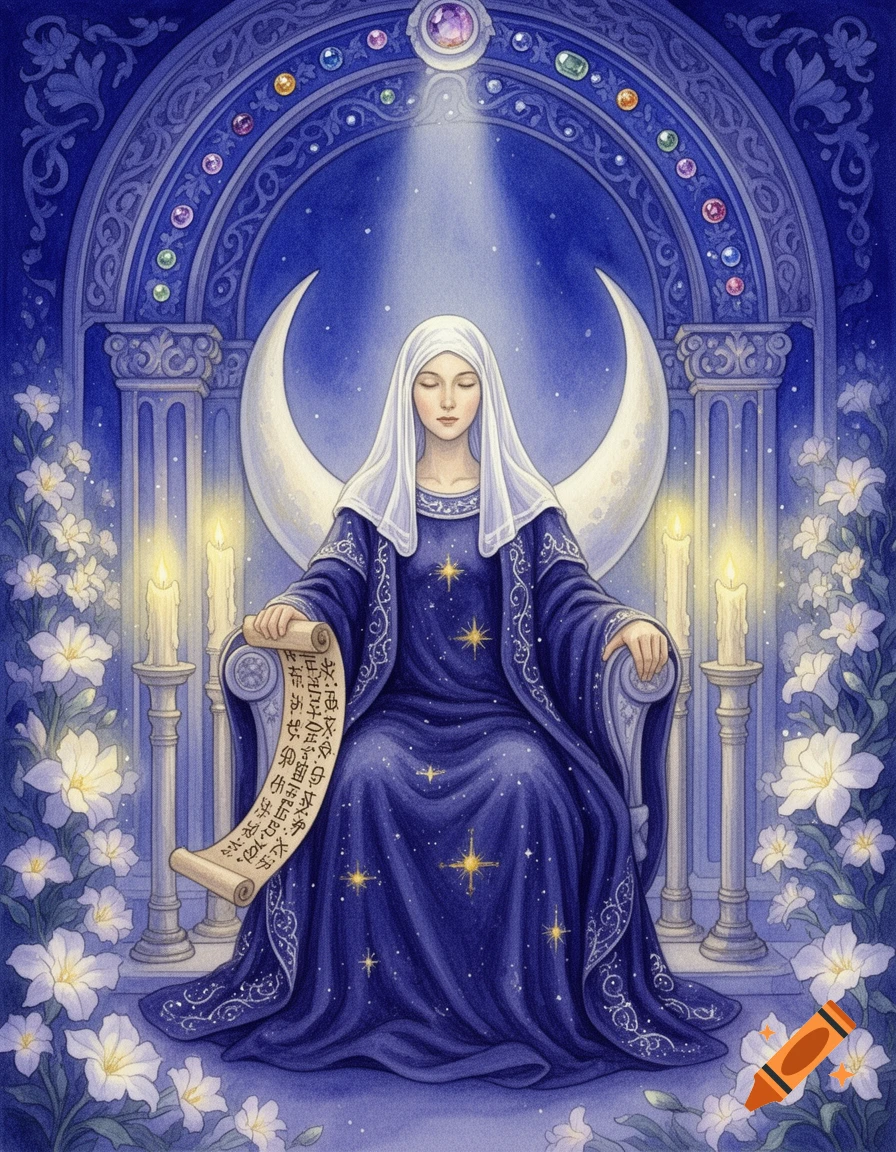 A woman in a blue starry robe sits on a crescent moon throne, holding a scroll, surrounded by white lilies and candles, within a blue arched structure.