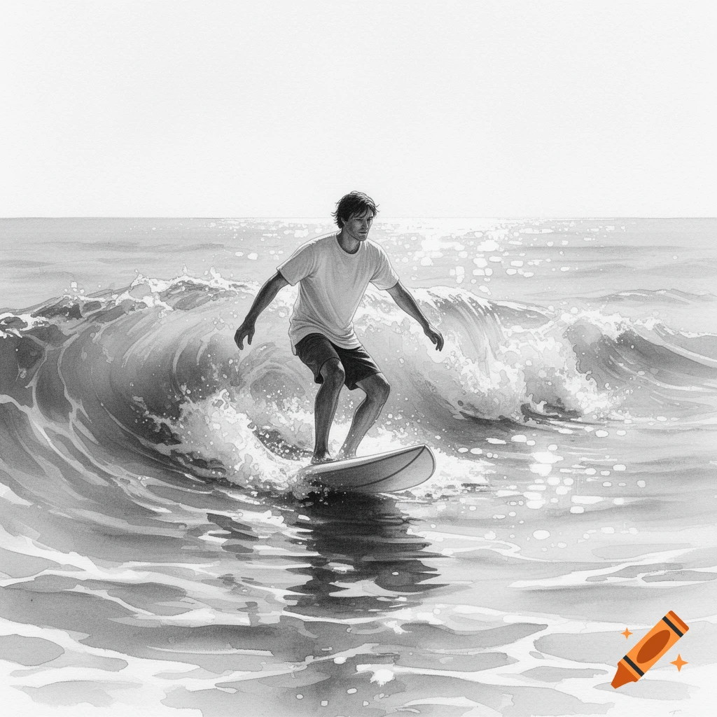 A man surfs a wave in a black and white watercolor painting.
