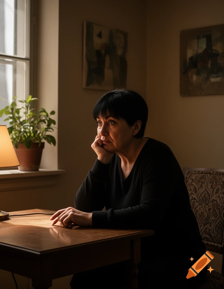 Pensive woman with short dark hair sits at a wooden table, chin on hand, sunlight from window illuminates her face.