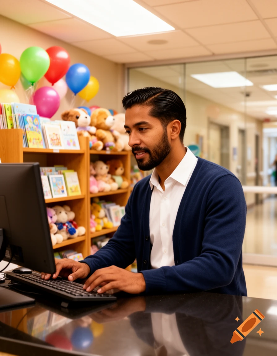 A man works on a computer at a counter in a hospital gift shop, surrounded by shelves of books, toys, and balloons.
