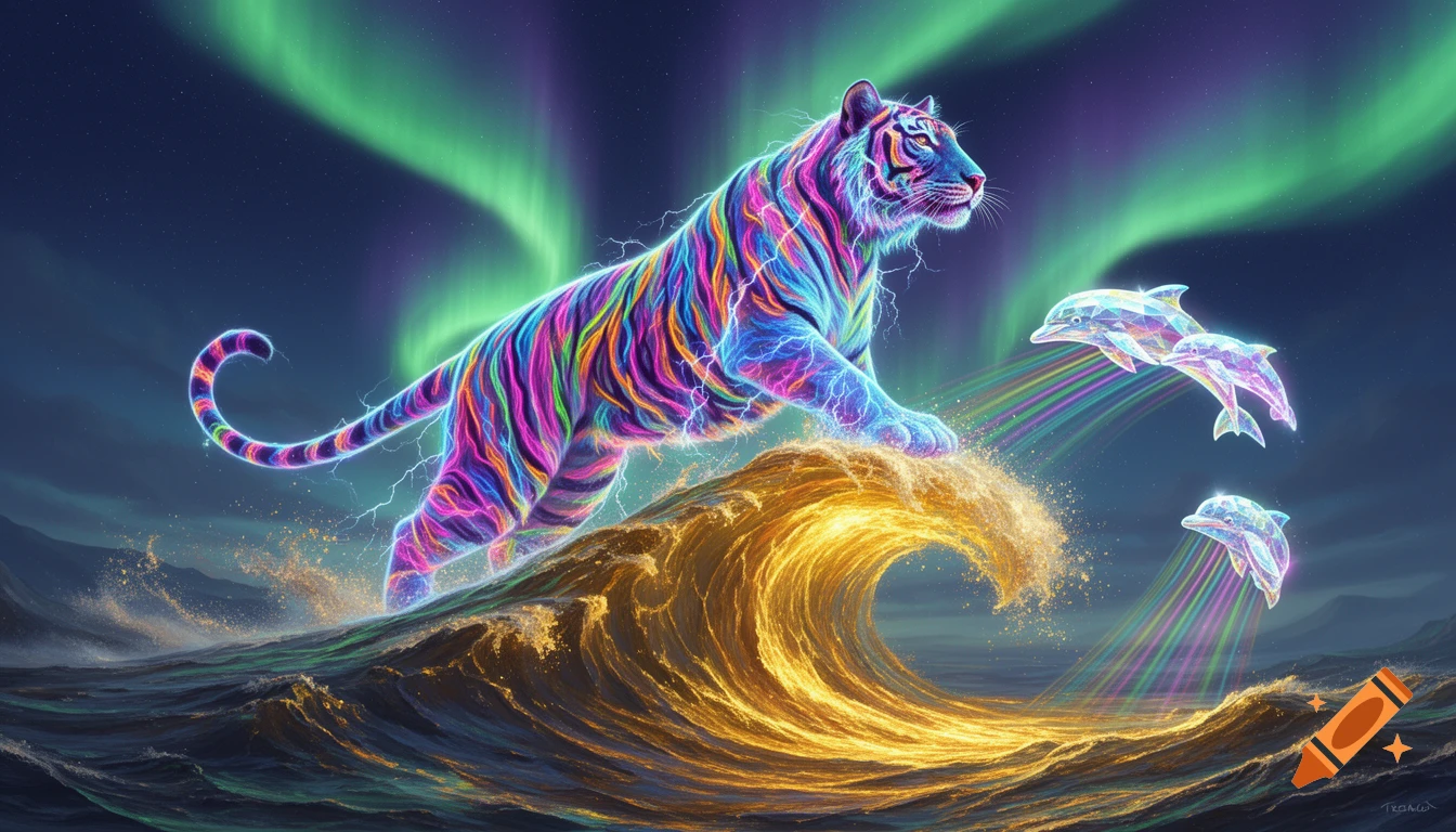 A vibrant, psychedelic tiger with neon stripes and lightning surfs a golden wave as crystalline dolphins jump under an aurora borealis sky.