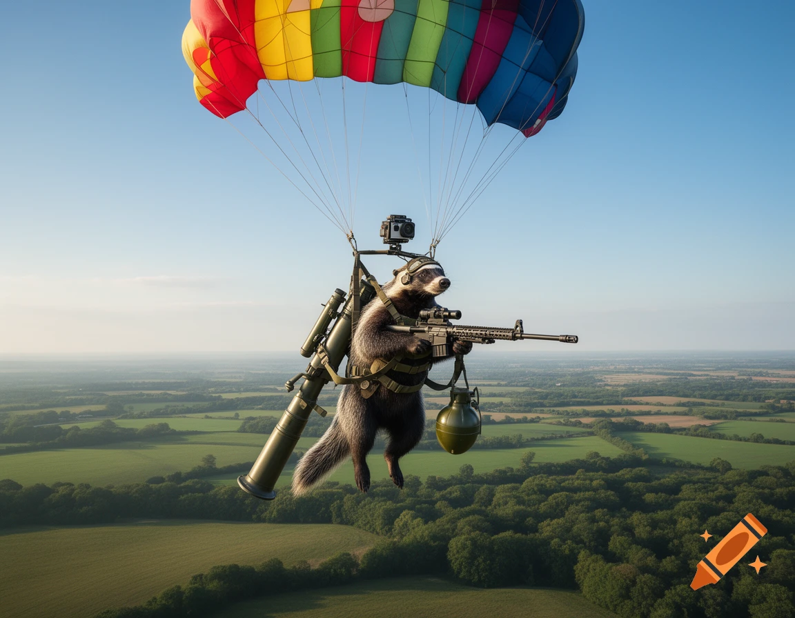 A photorealistic badger parachutes high above a green landscape, holding a sniper rifle, with a grenade launcher on its back and a camera on its head.