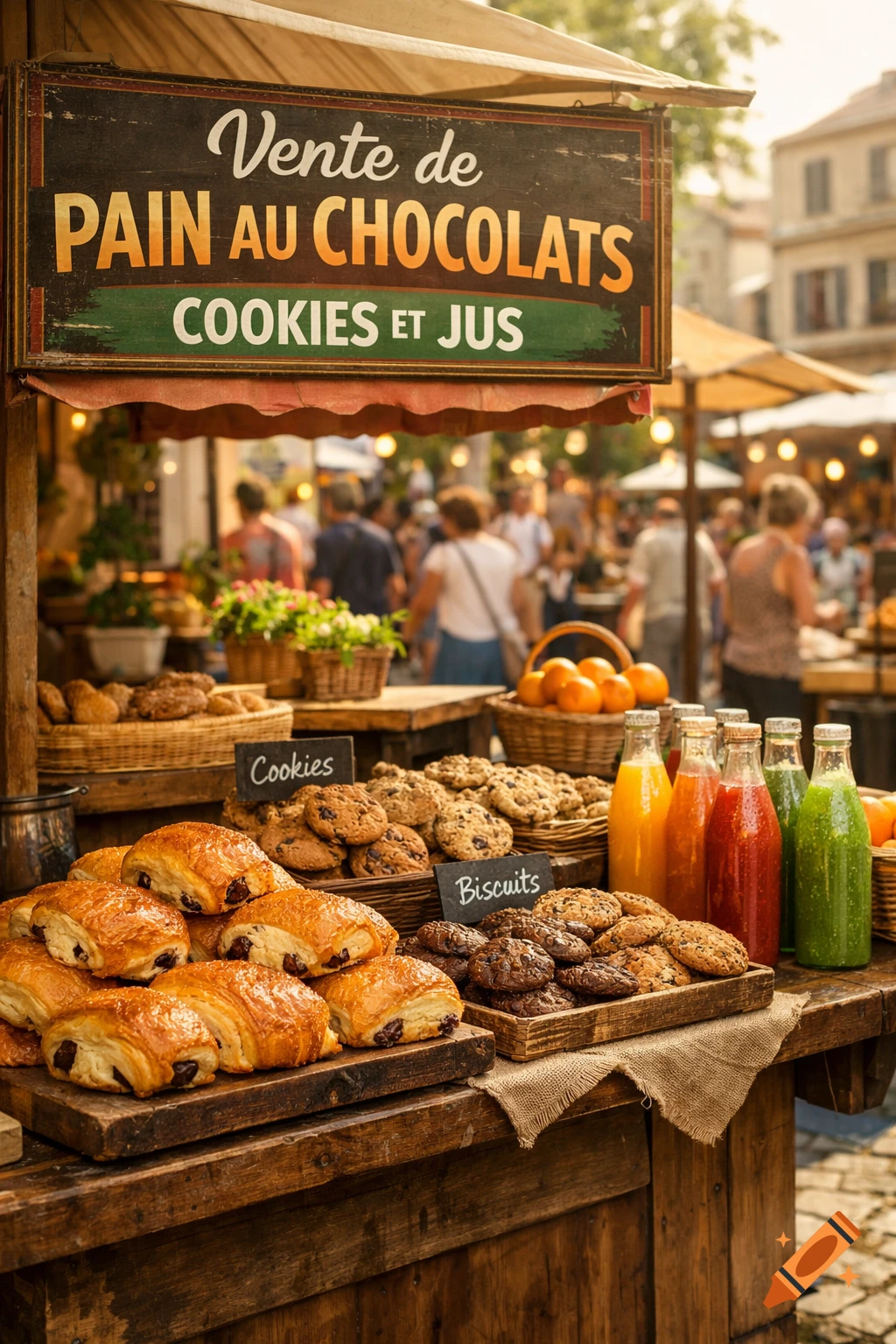 A vibrant market stall overflowing with pain au chocolat pastries, cookies, and colorful juice bottles under a clear sign.