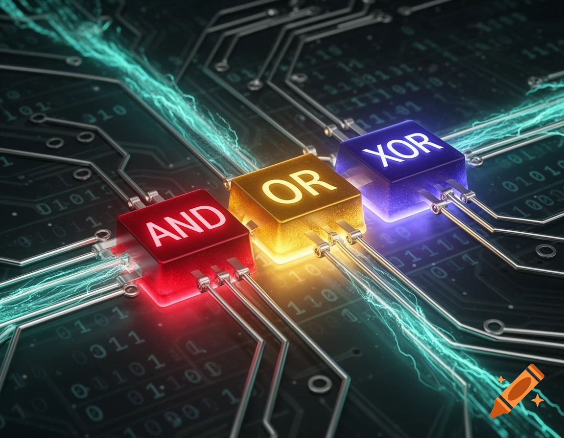 Three glowing logic gates labeled "AND", "OR", and "XOR" (red, gold, blue) on a futuristic circuit board with energy streams.