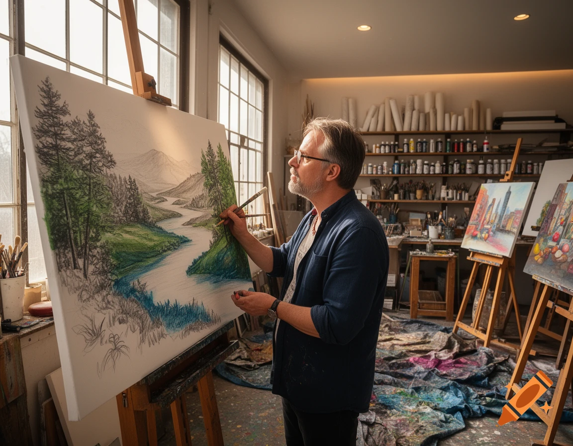 A man with glasses paints a landscape of a river, trees, and mountains on a large canvas in a sunlit art studio.