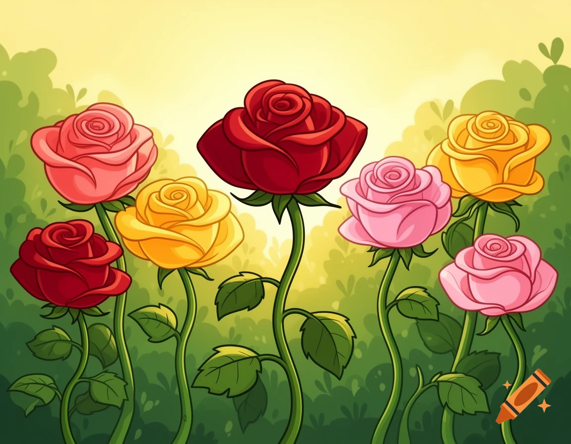 A cartoon illustration of seven colorful roses in red, pink, and yellow on green stems with leaves, against a soft green and yellow background.