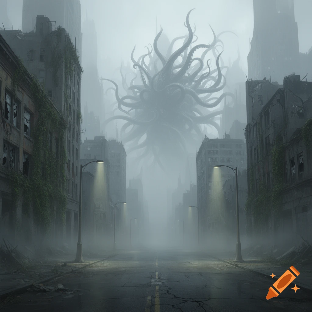 Gigantic Lovecraftian creature with tentacles looms in mist over a desolate, abandoned city street with ruined buildings.