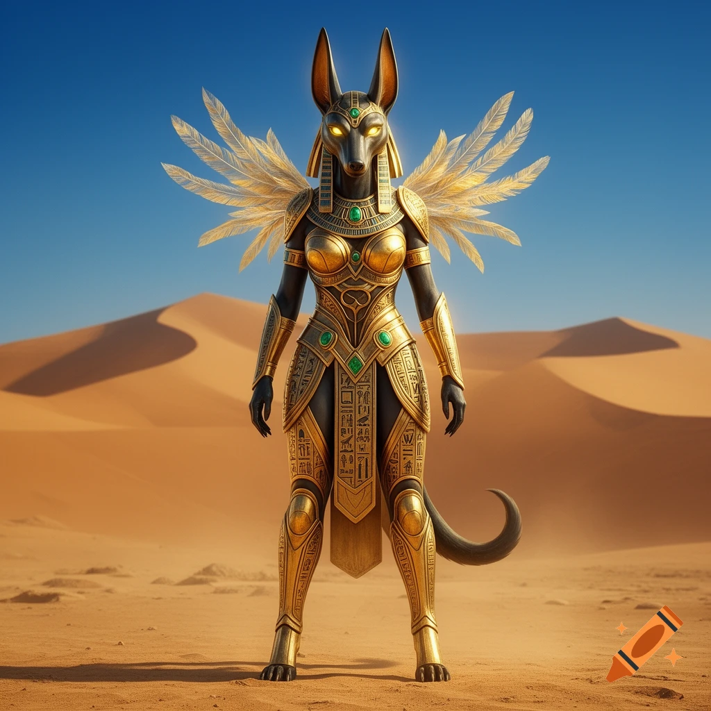A powerful anthropomorphic Anubis jackal woman in intricate golden armor with feathered wings stands in a desert landscape.