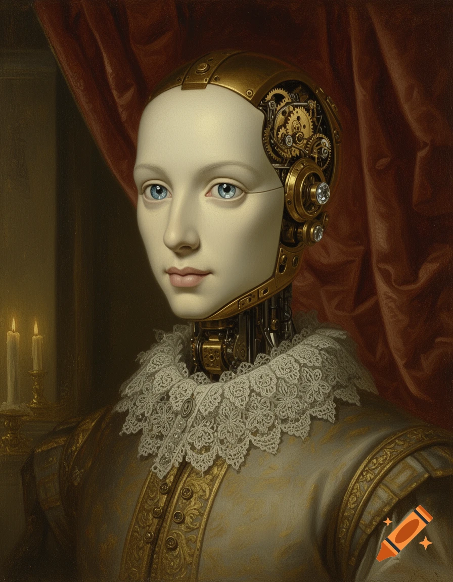 Renaissance portrait of a robot woman with golden mechanical parts on her head and neck, wearing a lace collar.