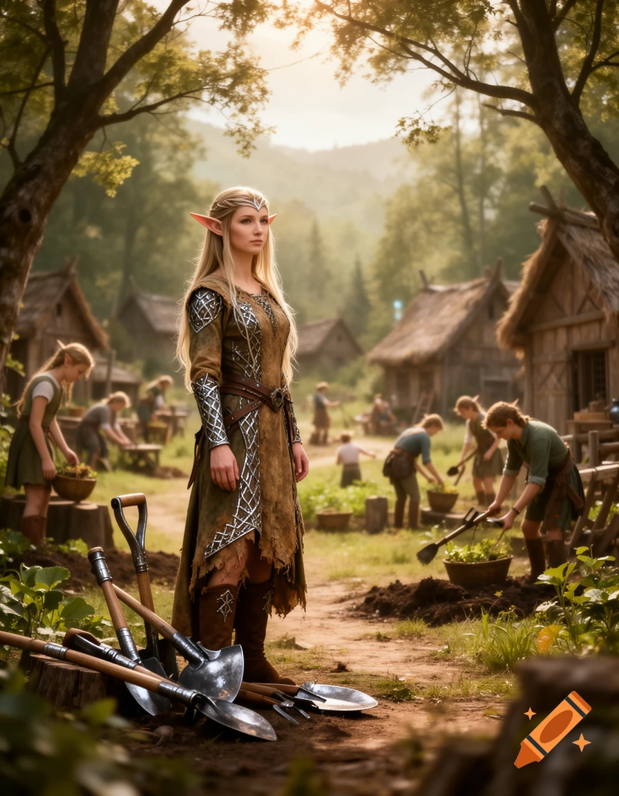 A photorealistic image of an elf woman in brown and silver armor standing in a rustic village where other elves are farming.