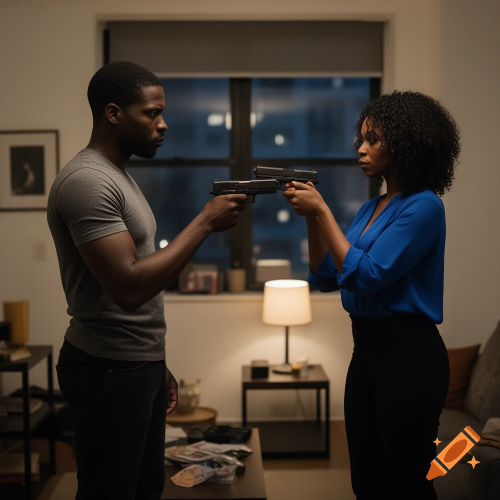 A Black man and woman in an apartment face each other, each holding and pointing a pistol.
