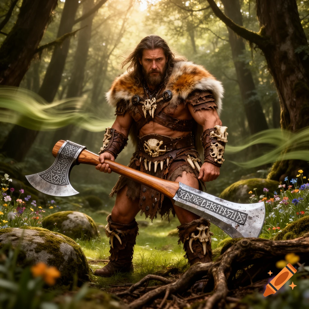 A muscular barbarian in fur and leather armor stands in a sunlit forest, holding a large double-bladed greataxe.