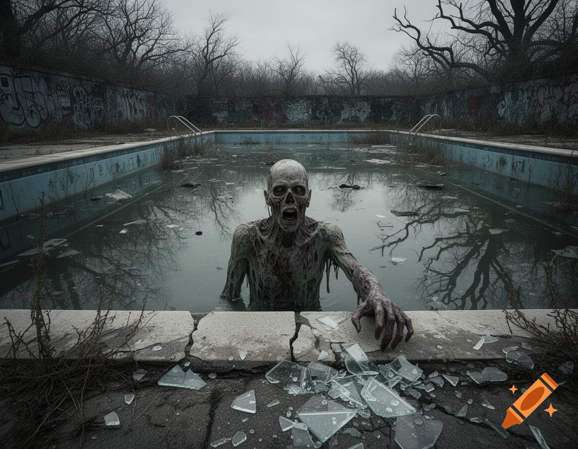 A decaying zombie with an open mouth emerges from a murky, abandoned swimming pool, reaching over a broken concrete edge with shards of glass.