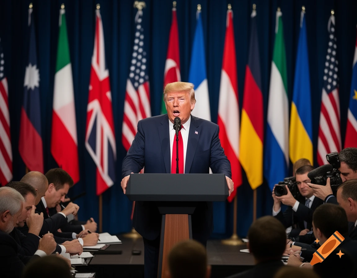 Donald Trump speaks at a podium in front of a line of international flags to an audience, in a photorealistic style.
