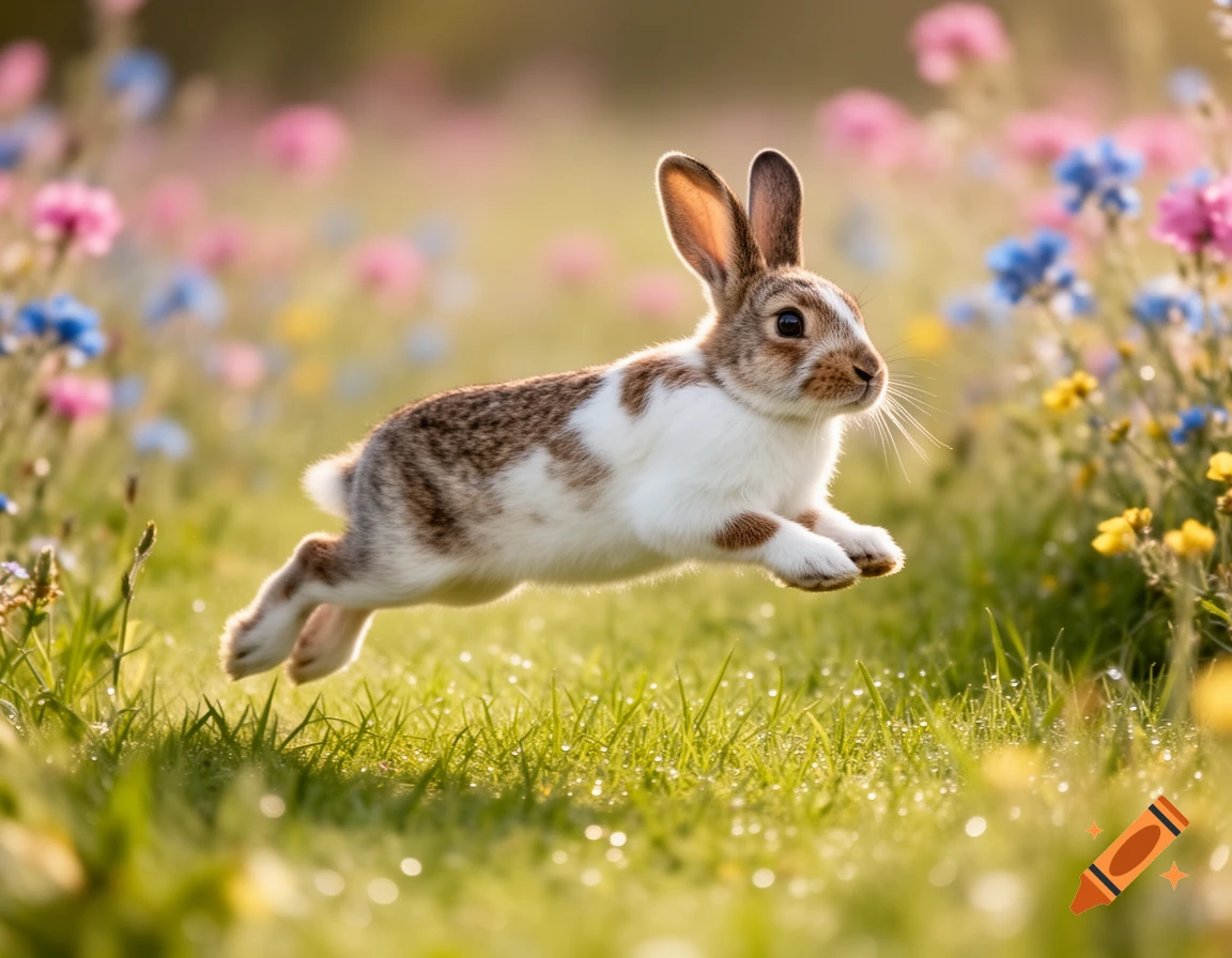 A brown and white rabbit hops through a lush green field filled with colorful wildflowers.