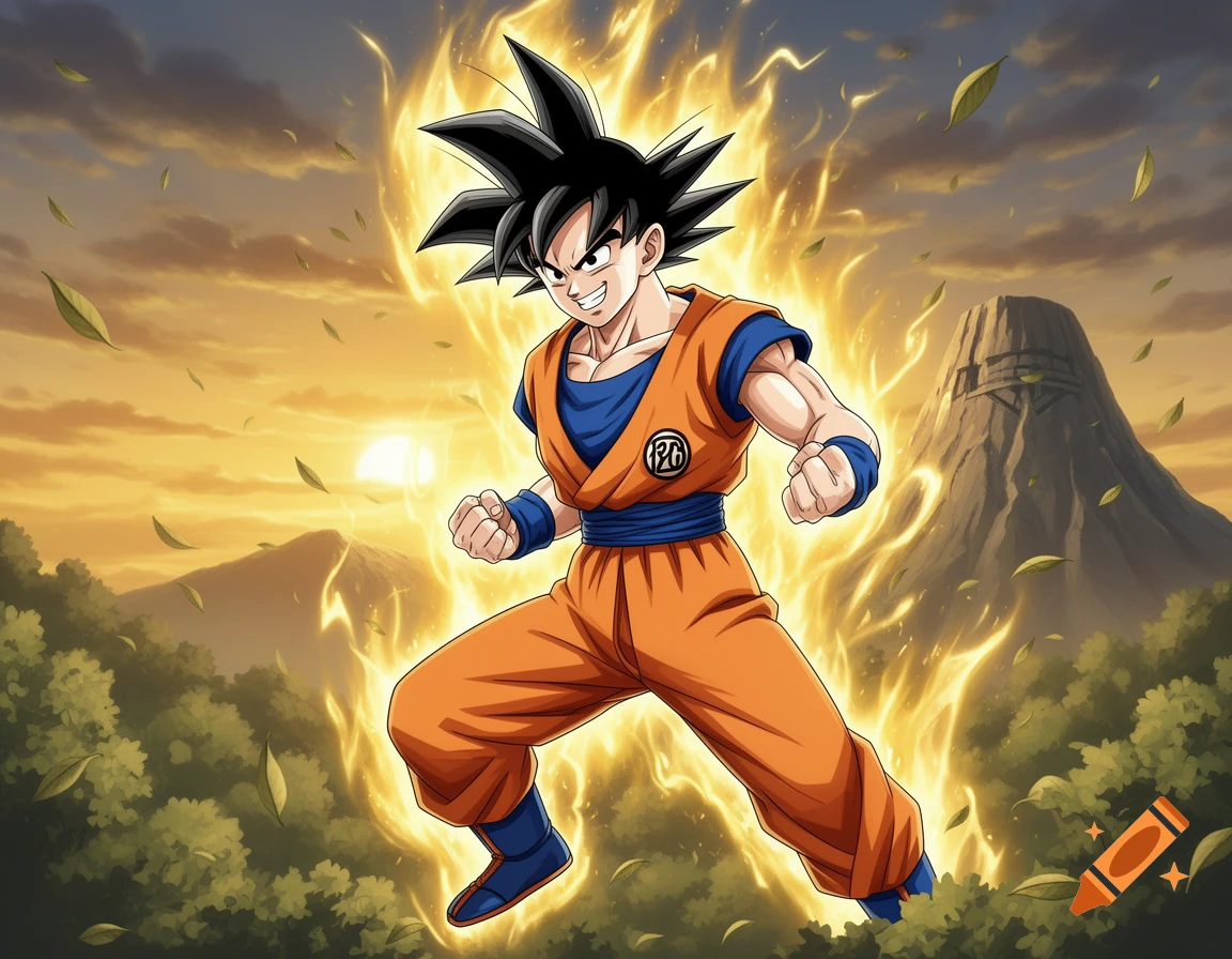 Goku from Dragon Ball powers up with a golden aura, standing in a dynamic pose against a sunset sky with mountains and falling leaves, in anime style.