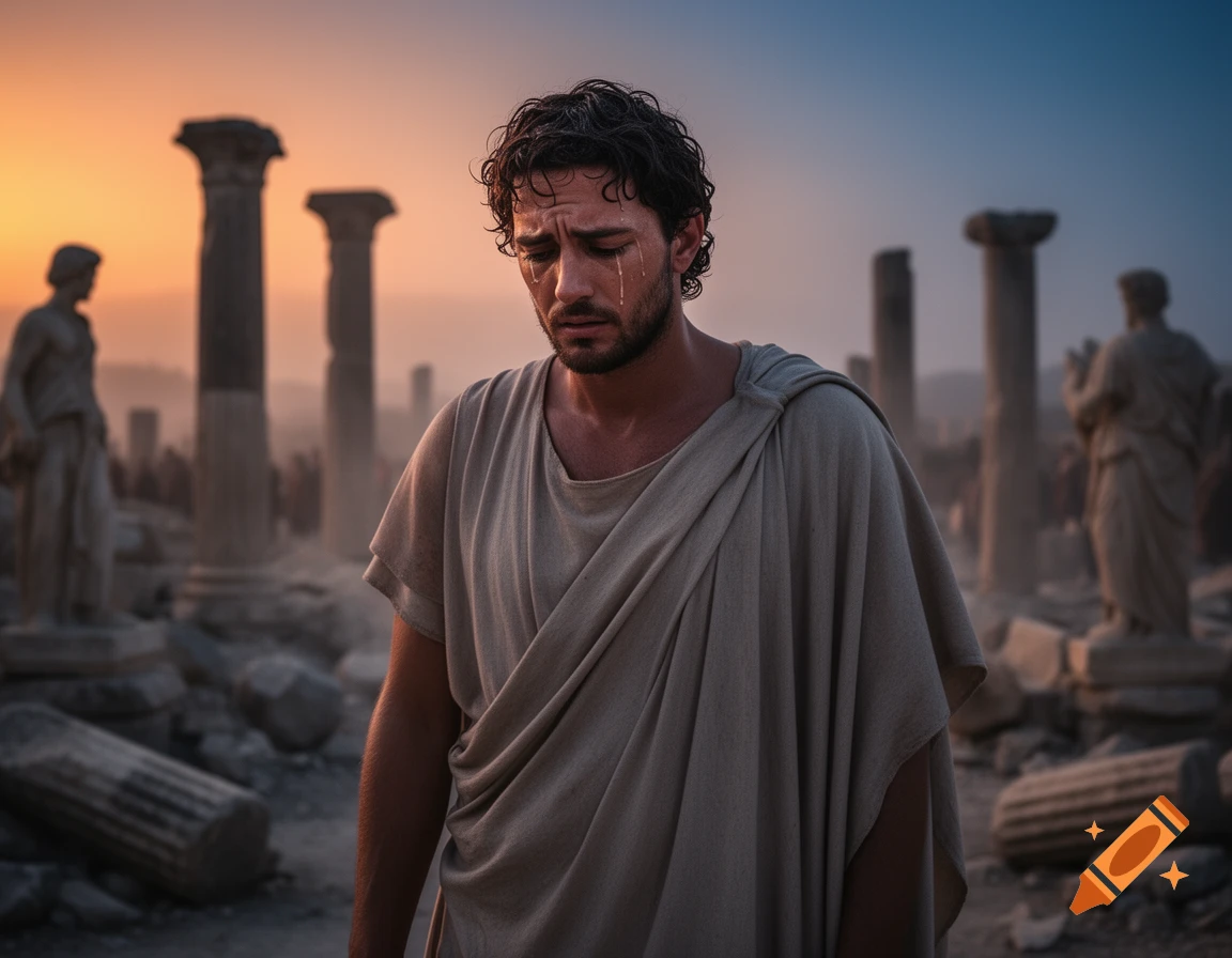 A man in ancient robes weeps amidst the ruins of a classical temple at sunset.