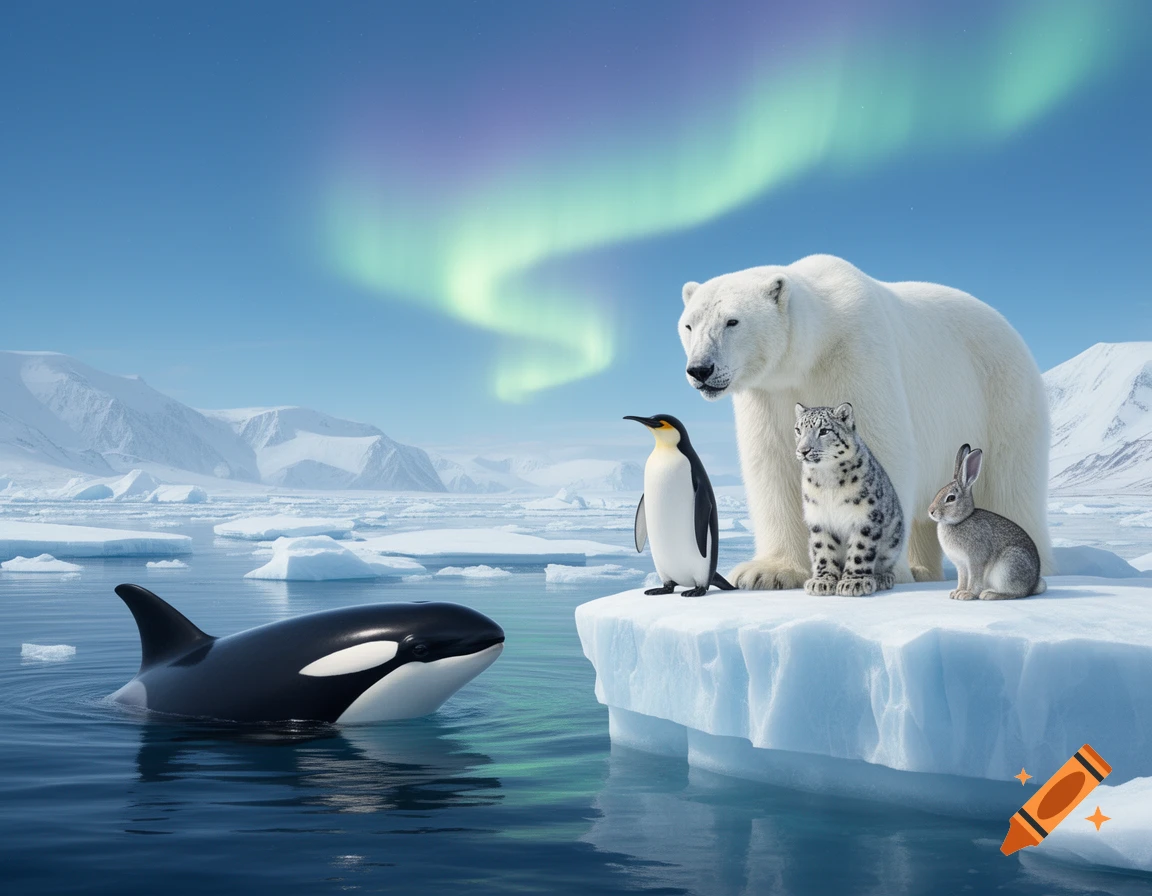 An orca in arctic water near an ice floe with a polar bear, penguin, snow leopard, and arctic hare under an aurora.