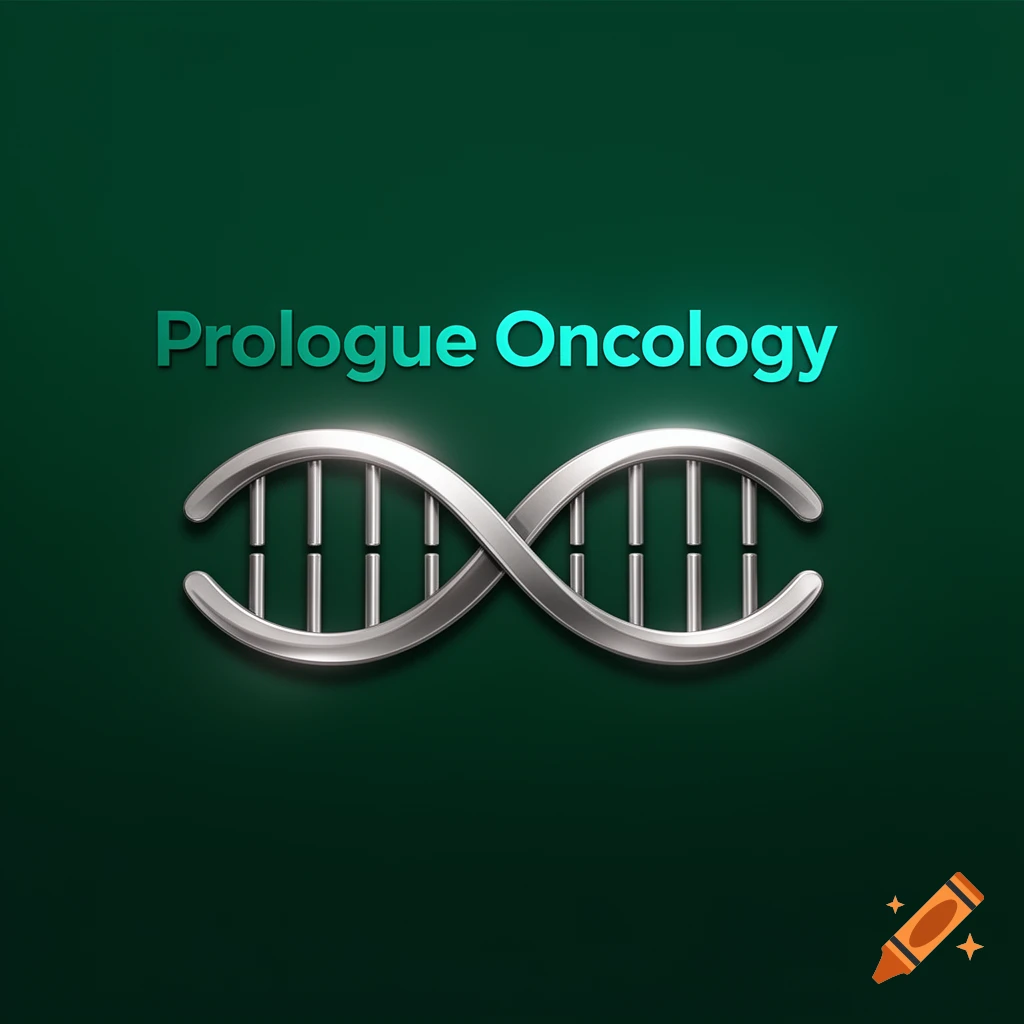A logo with a shiny silver DNA-like helix structure and the text "Prologue Oncology" on a dark green background.