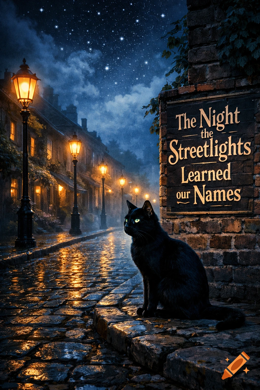 A black cat with green eyes sits on a wet cobblestone street at night ...
