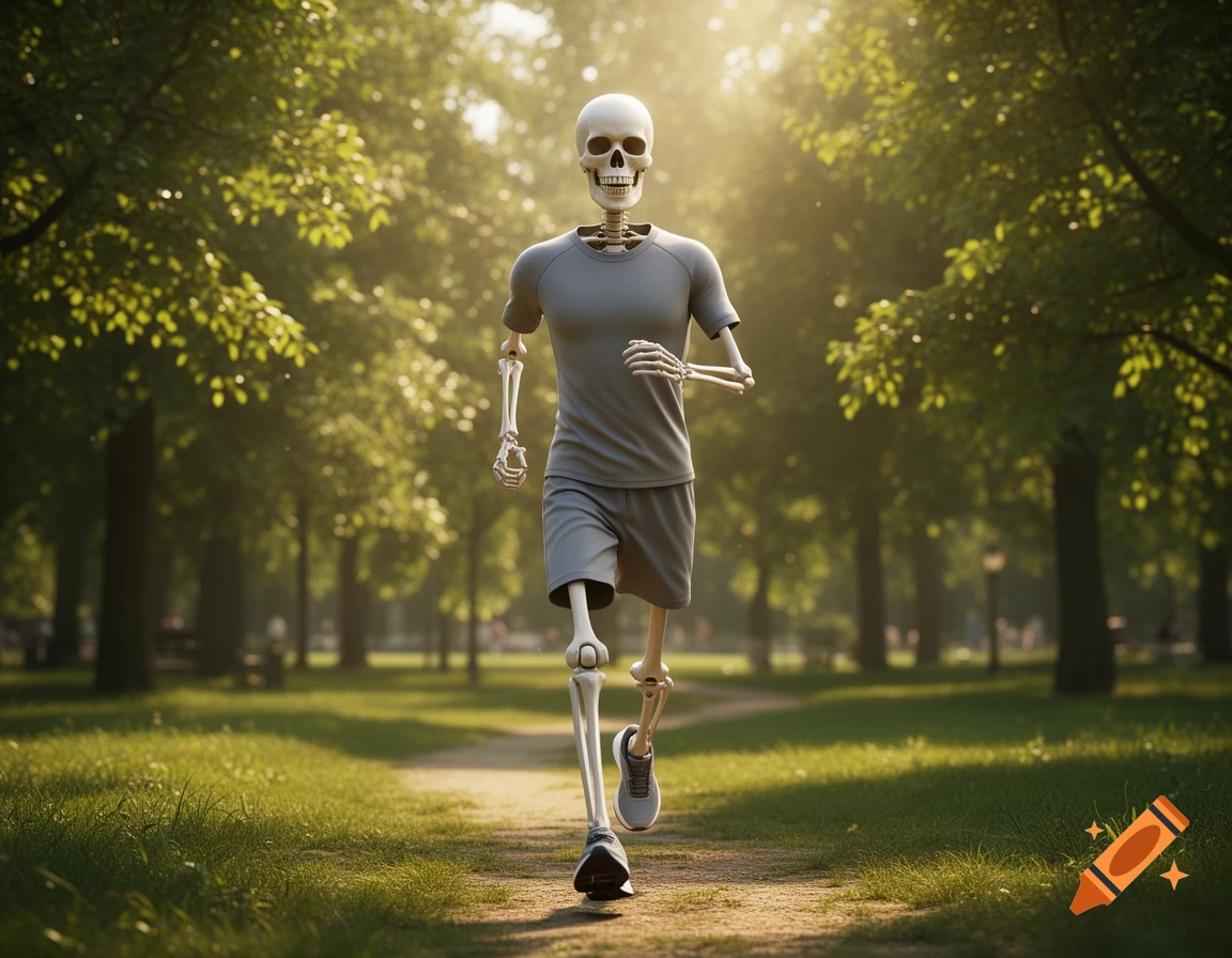 A photorealistic 3D human skeleton character jogging through a sunny park.