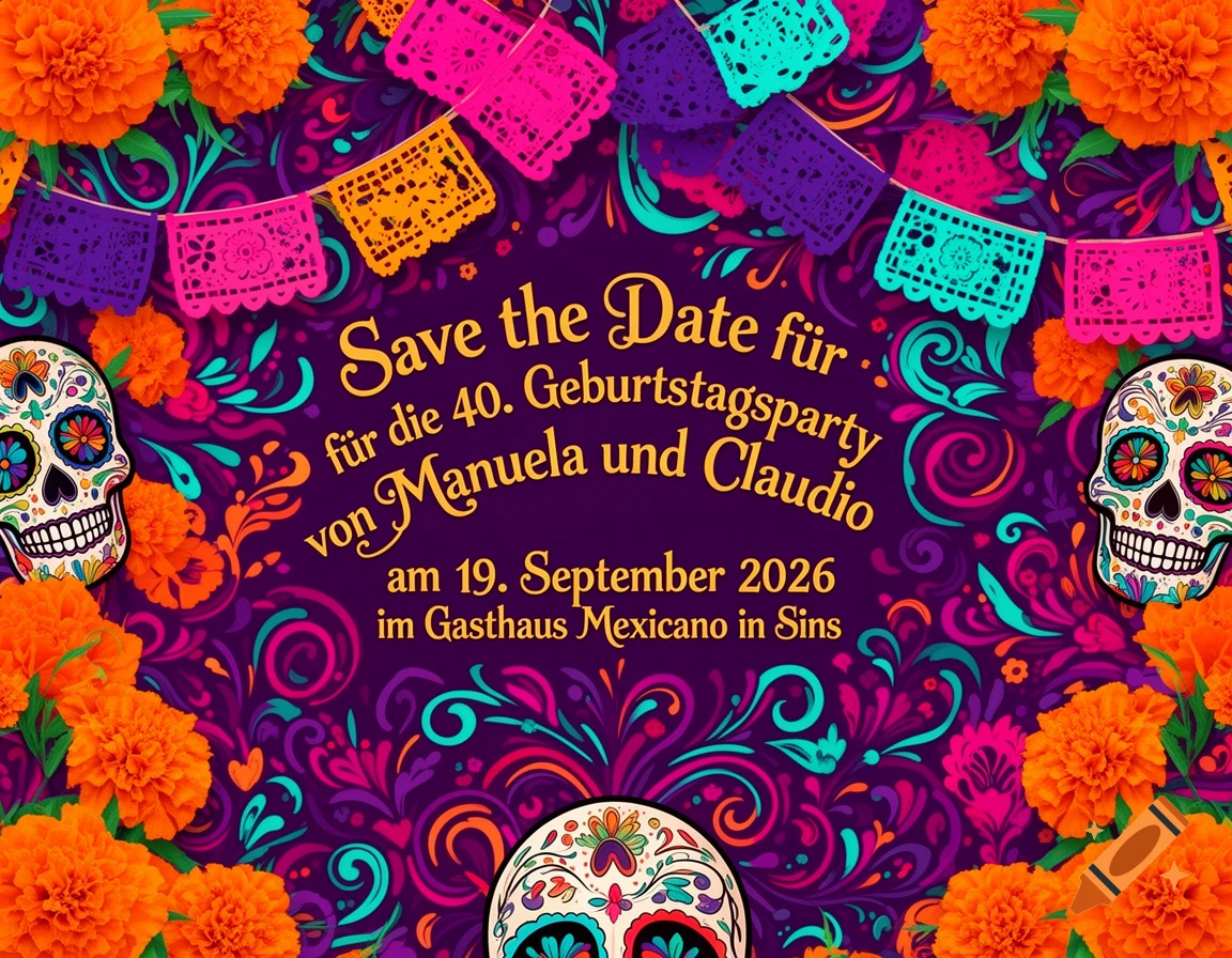Colorful Dia de los Muertos Save the Date invitation with sugar skulls, marigolds, and papel picado, on a purple background.