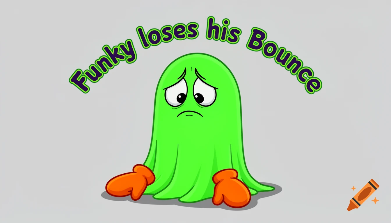 Cartoon of a sad green ghost with orange mittens sitting on the ground, with text "Funky loses his Bounce" arched above it.