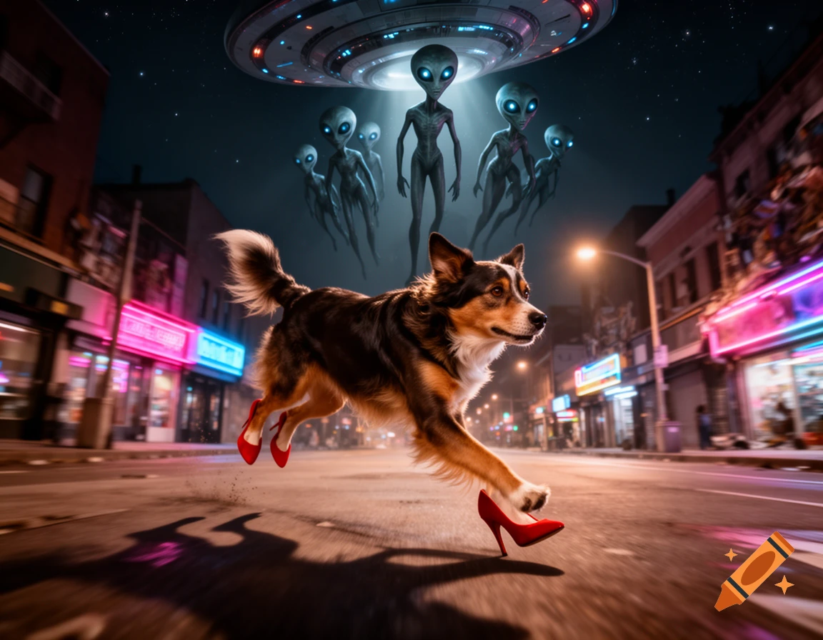 A dog in red high heels runs down a neon-lit city street at night, pursued by a UFO and grey aliens.