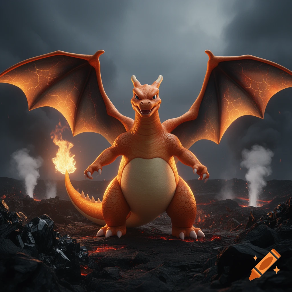 A photorealistic Charizard stands in a dark, rocky volcanic landscape ...