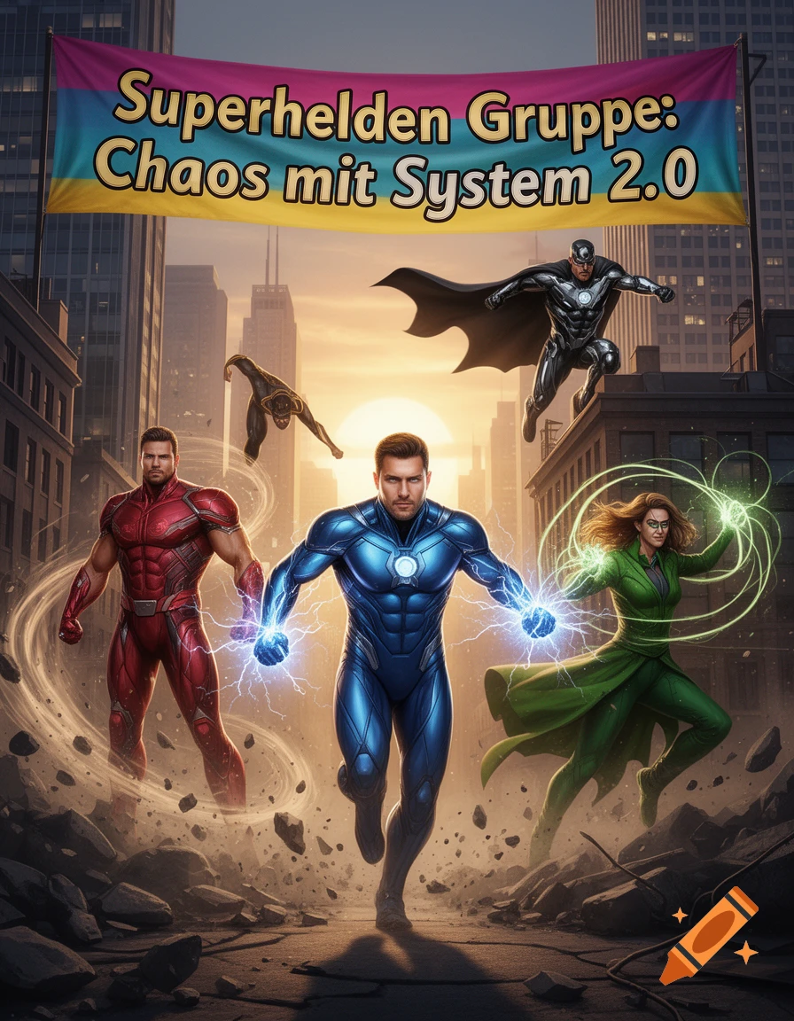 Five diverse superheroes in dynamic poses in a ruined city at sunset, with a banner overhead, in a comic book art style.