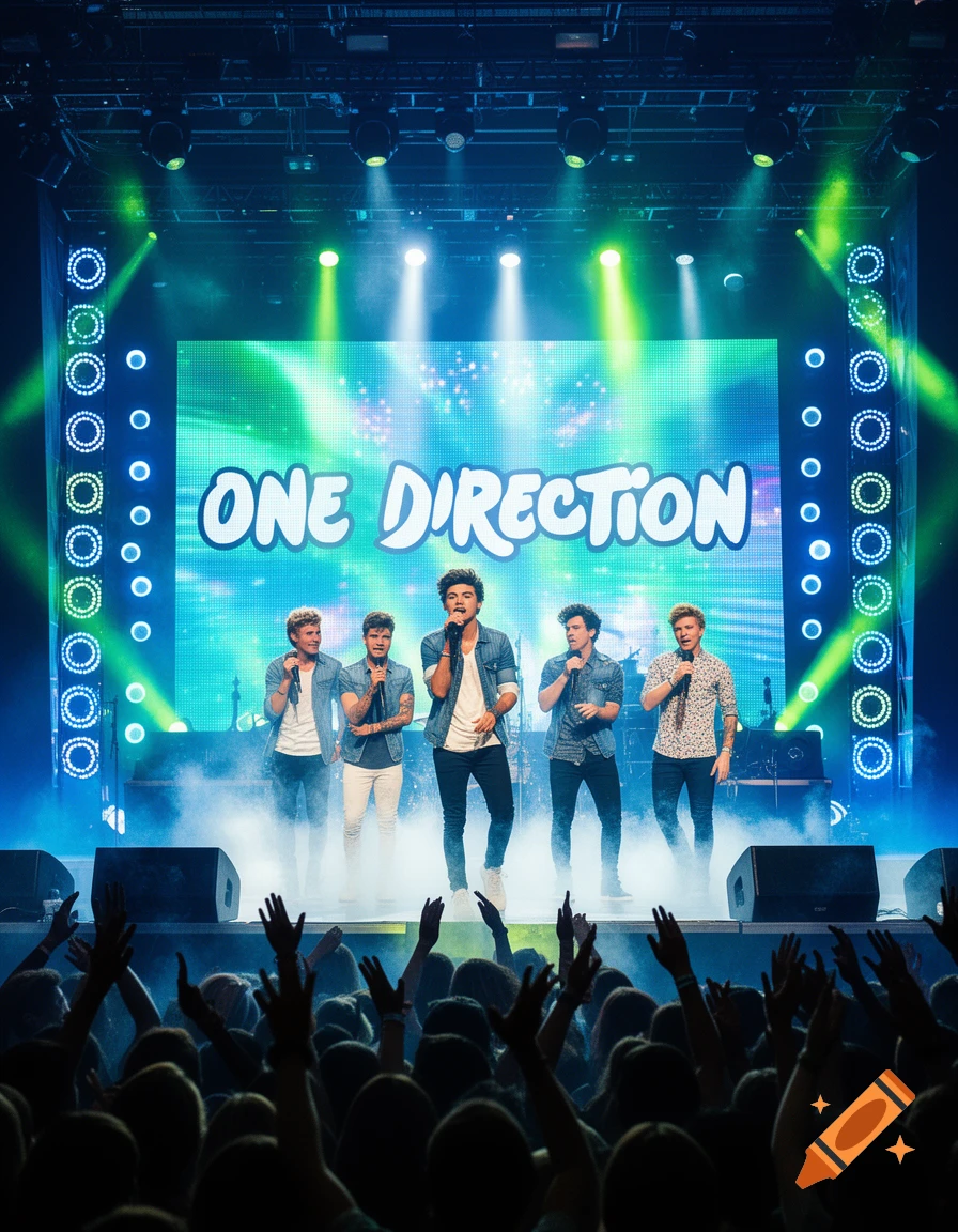 One Direction band performs on a stage with bright lights and smoke, their name on a screen, and a cheering audience.