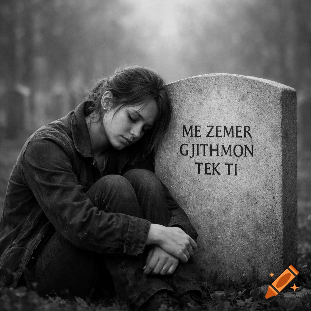 A young woman in a denim jacket sits sadly, leaning against a gravestone in a melancholic, black and white cemetery scene.