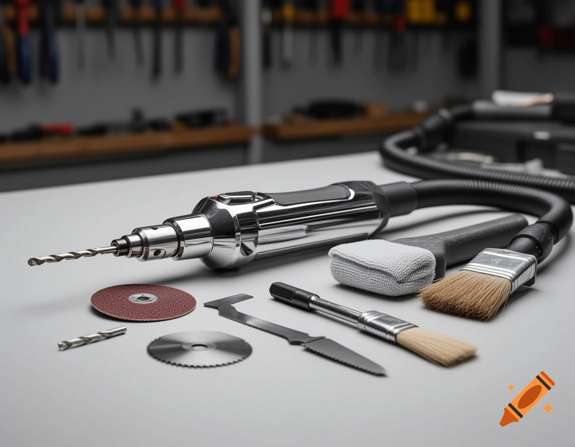 A close-up, photorealistic shot of various multi-tools, including a drill, saw blades, brushes, and a scrubbing pad, laid on a table in a workshop.