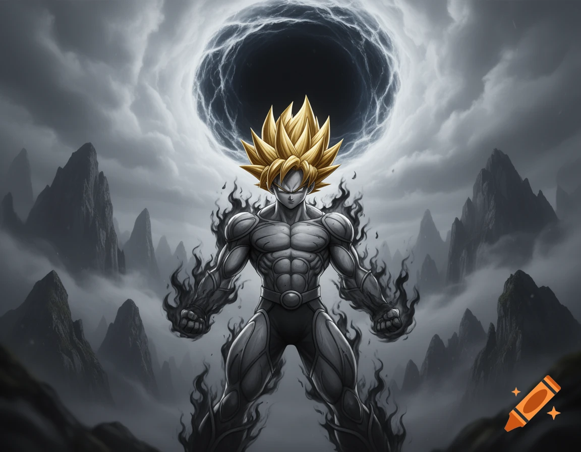 An anime warrior with spiky golden hair and gray skin, emanating dark flames, stands under a stormy sky with a black energy orb above misty mountains.