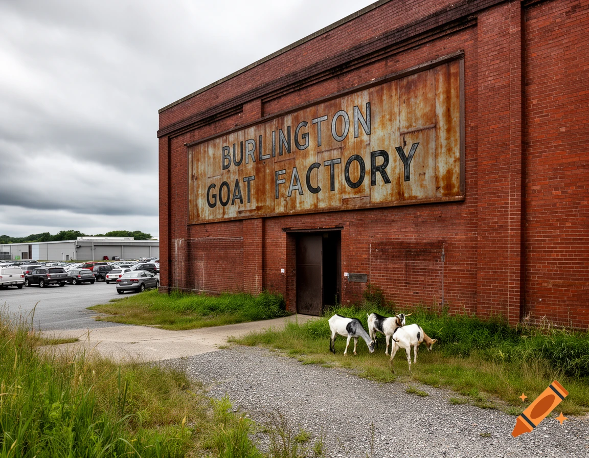 A brick building with a large rusty sign reading "BURLINGTON GOAT FACTORY" with three goats grazing nearby, a parking lot in the background under a cloudy sky.