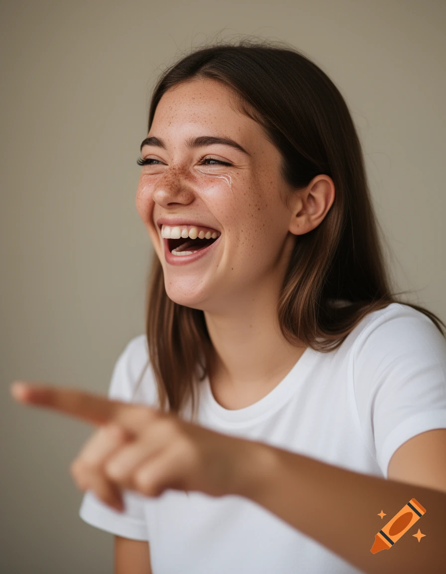Young brunette woman with freckles laughing heartily, pointing to the left, and wearing a white t-shirt.