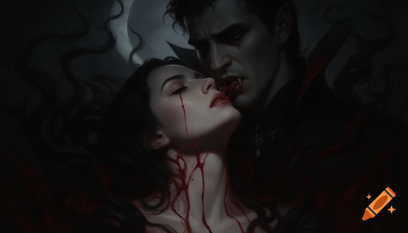 A dark gothic painting of a male vampire biting a woman's neck, blood dripping, under a faint moon.