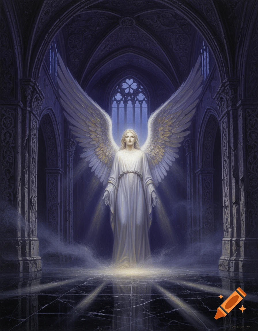 A tall, luminous angel with large white and gold wings stands in the center of a dark, gothic temple, illuminated by light.
