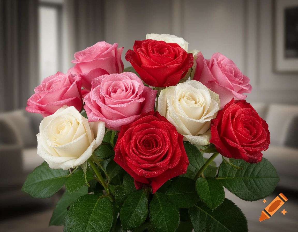 A vibrant bouquet of red, pink, and white roses, covered in water droplets, against a blurred indoor background.