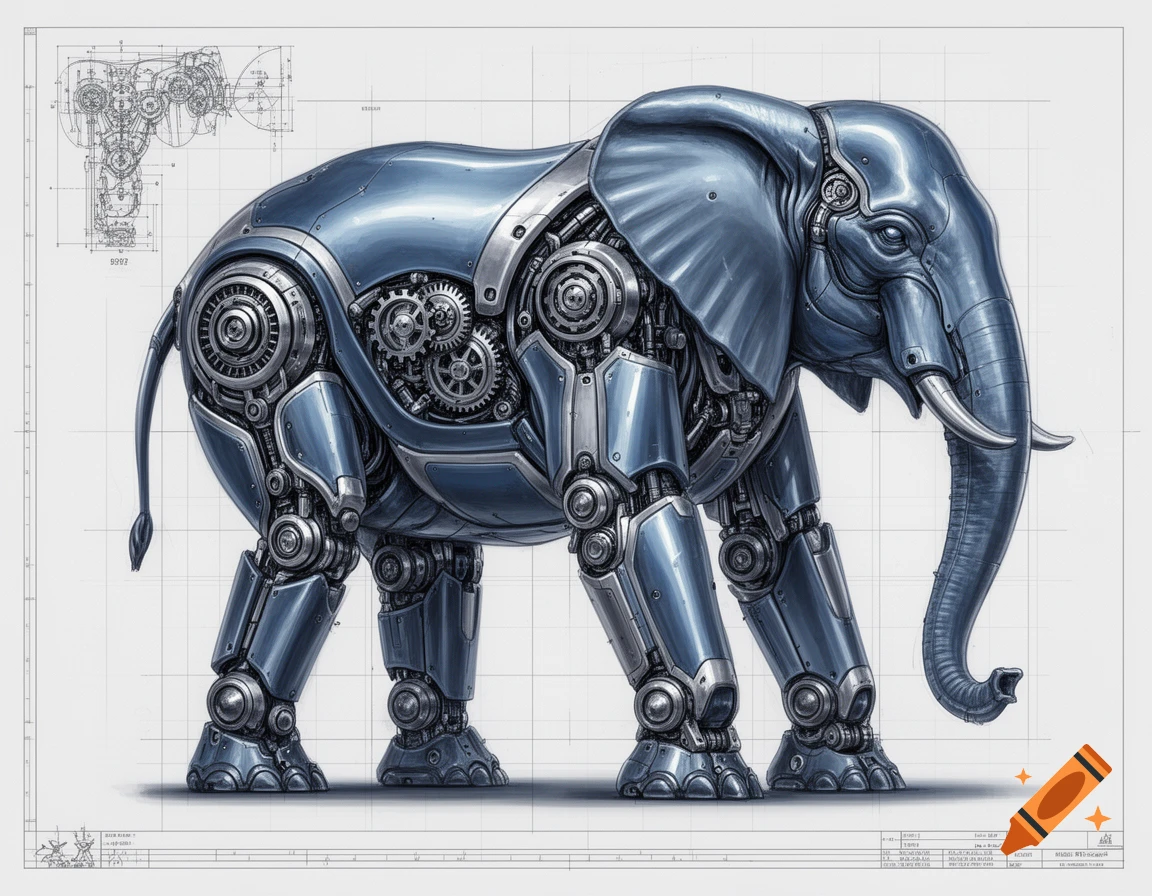 A detailed blueprint illustration of a metallic blue elephant robot, with exposed gears and mechanisms, standing on a grid background.