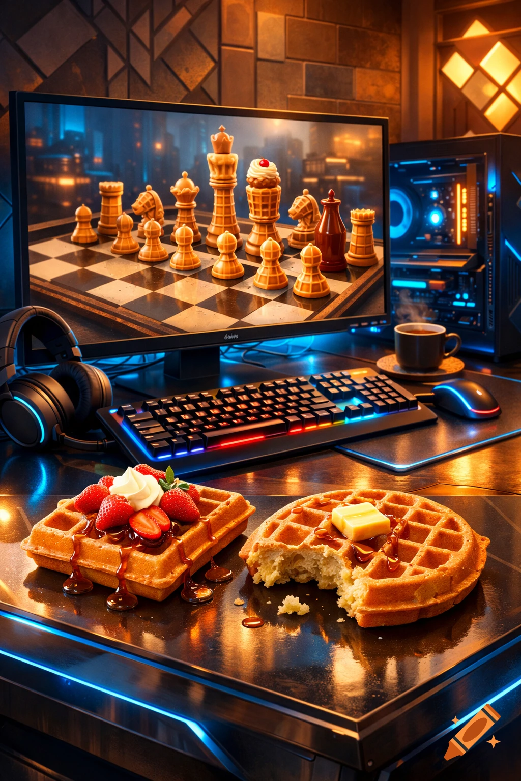 A vibrant gaming setup featuring a monitor displaying a chess game with food-themed pieces. Two waffles, one bitten, sit on the desk next to a keyboard.