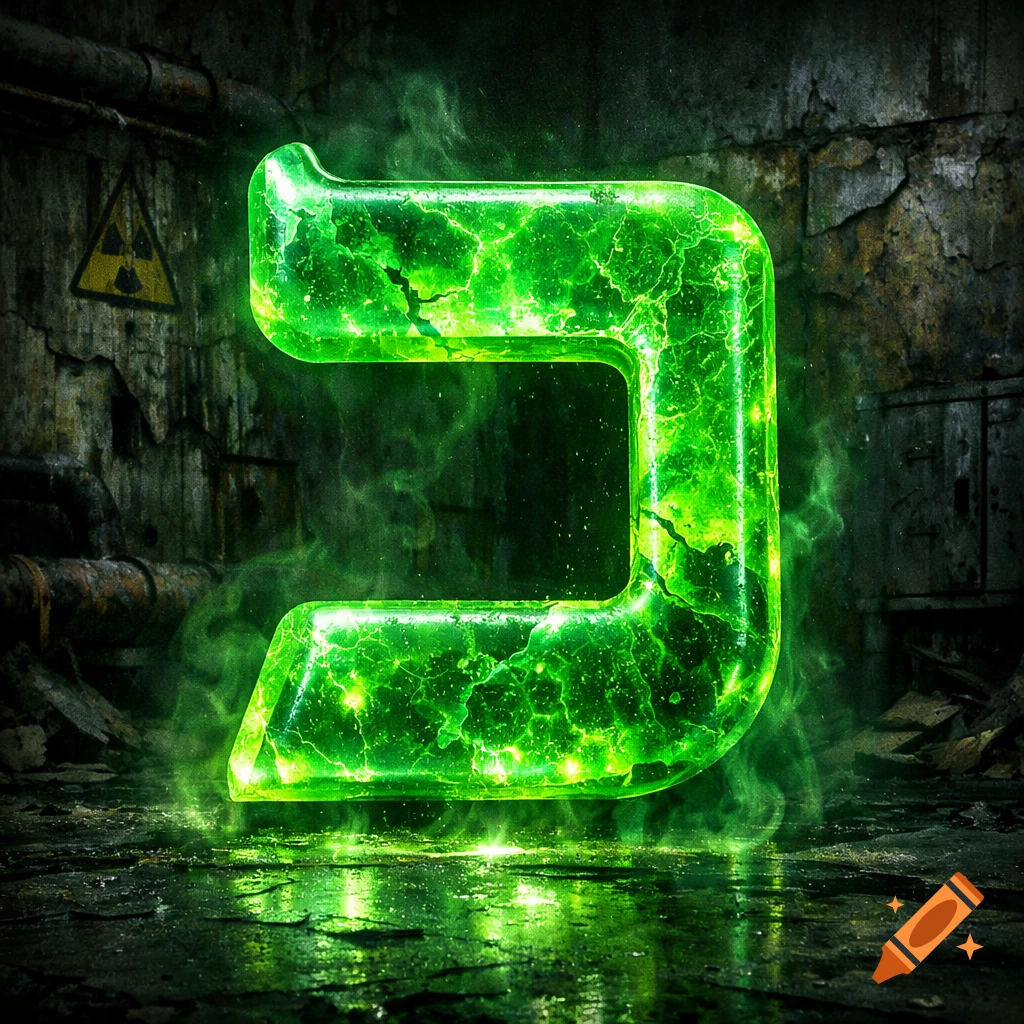 A glowing green radioactive Hebrew letter Gimel (ג) stands in a dark, grimy industrial setting with a yellow warning sign.