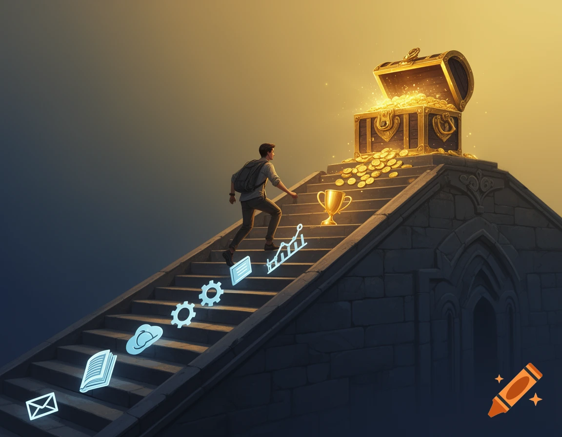 A man climbs stone stairs marked with glowing icons towards a treasure chest and golden trophy under a gradient sky. Semi-realistic style.