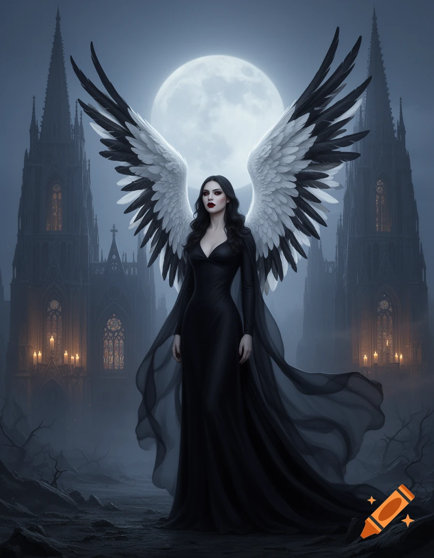 A dark fantasy woman with large black and white wings in a flowing black gown, standing before a full moon and gothic castles in a misty night.