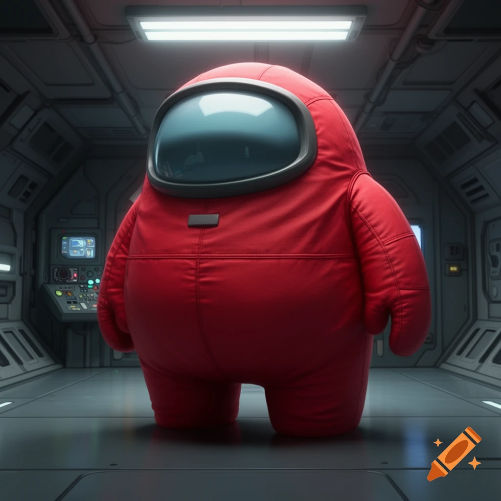 A very large, red Among Us crewmate stands in a detailed spaceship control room.